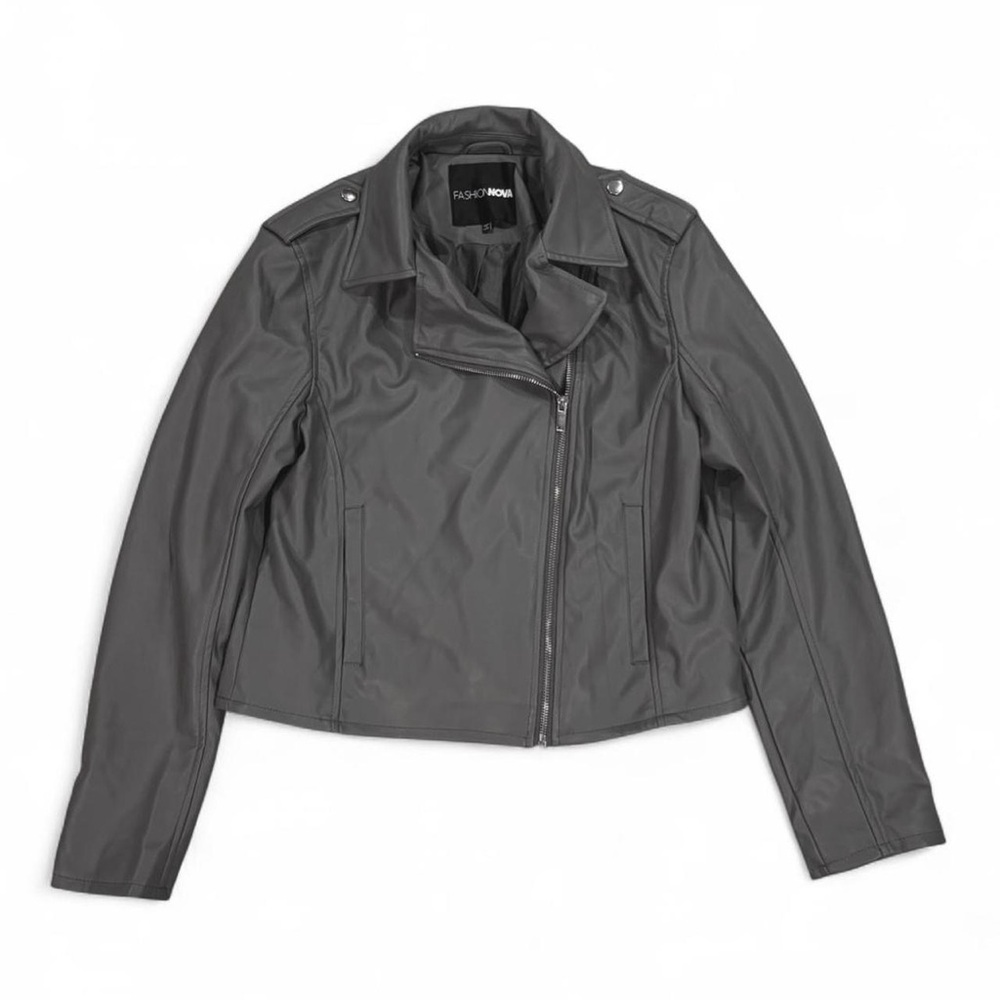 Fashion Nova Grey Vegan Leather Biker Motorcycle Jacket
